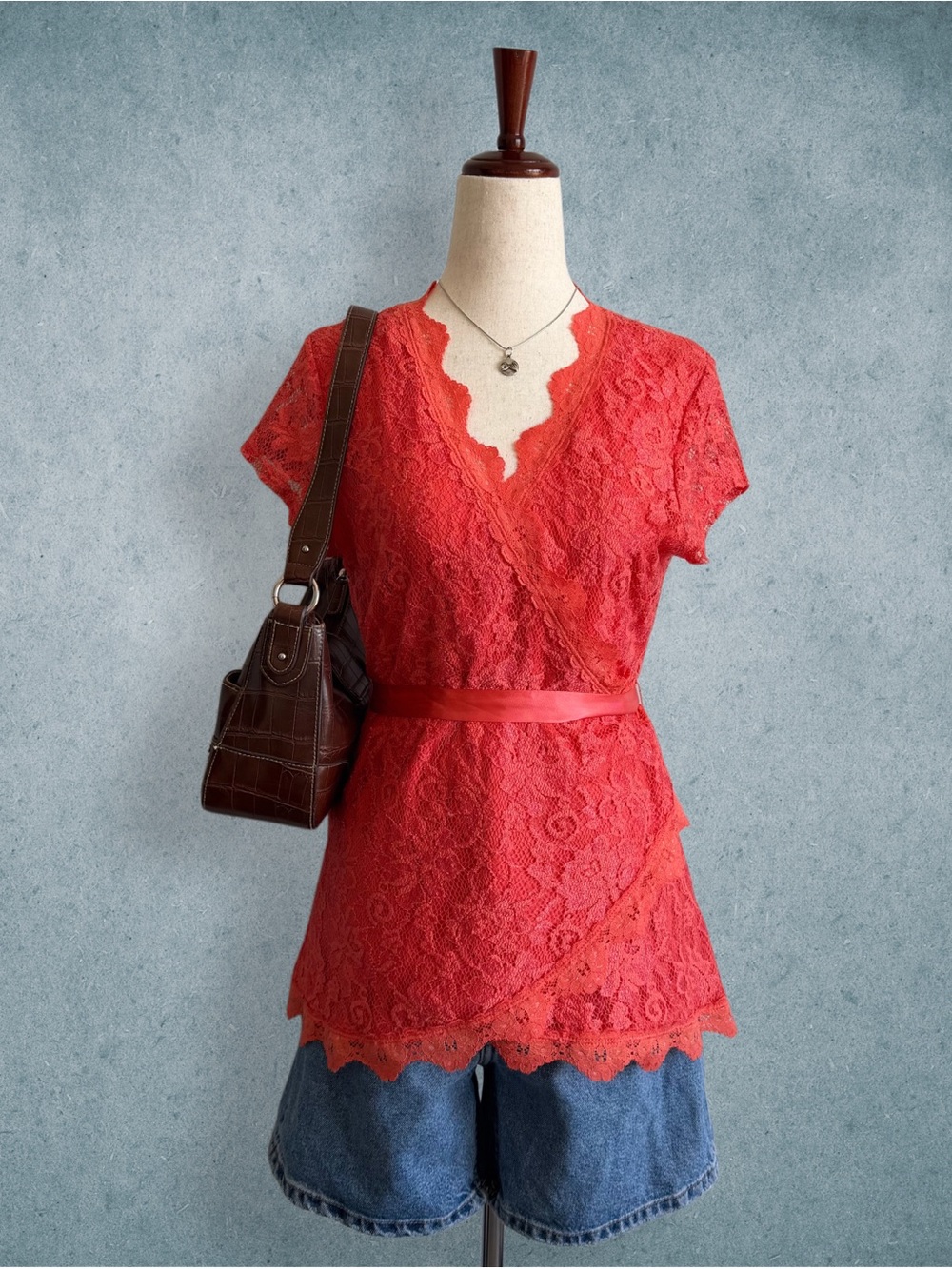 coral lace wrap-style top - size l